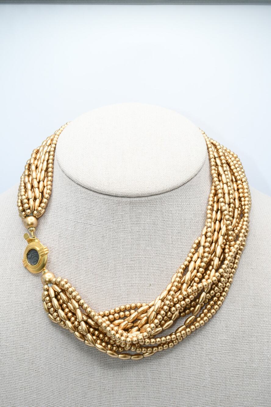 Vintage Matte Gold Tone Multi Strand Beaded Necklace Roman Clasp 16 Inch